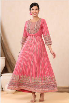 Women's Pink Rayon Printed Anarkali Dress