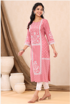 Women's Pink Rayon Printed Straight Kurta