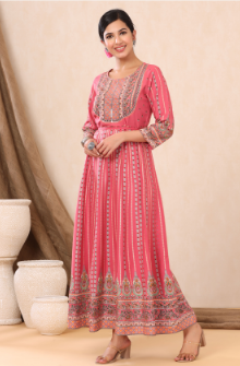 Women's Pink Rayon Printed Anarkali Dress