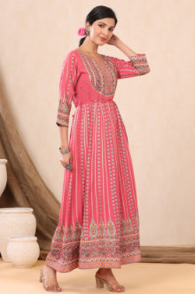 Women's Pink Rayon Printed Anarkali Dress