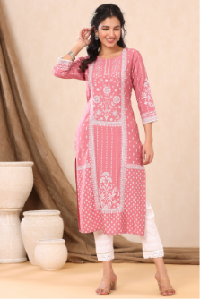 Women's Pink Rayon Printed Straight Kurta