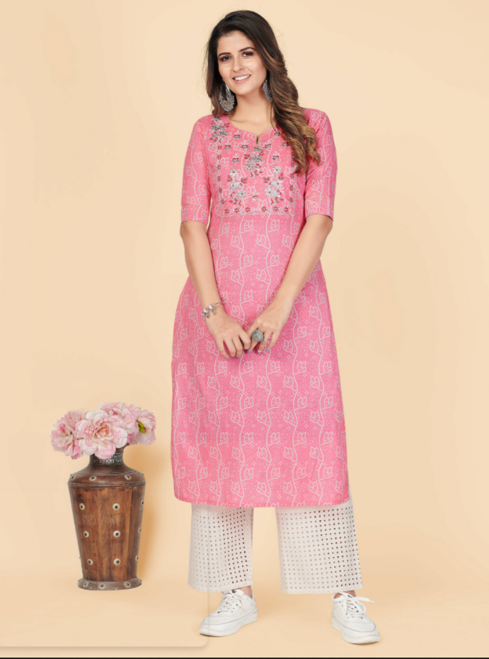 Women's Printed & Embroidered Straight Cotton Pink Stitched Kurta (1Pc)