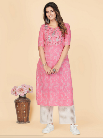 Women's Printed & Embroidered Straight Cotton Pink Stitched Kurta (1Pc)