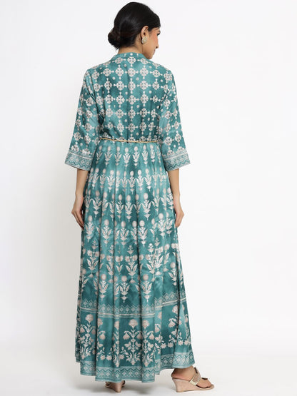 Women's Printed Flared Dress with Waist Tie-up
