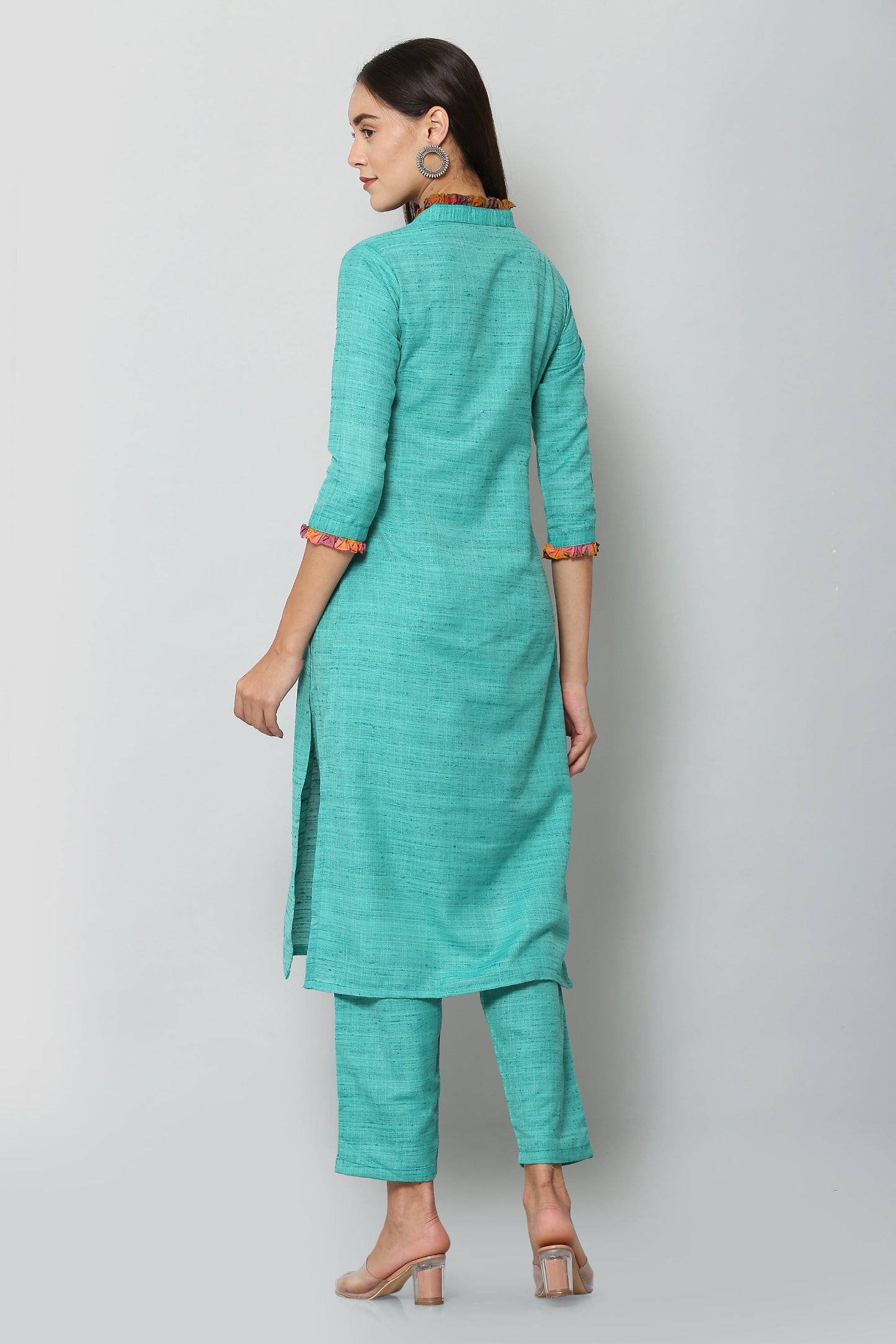 Women's Turquoise Color Cotton Blend Solid Kurta Pant Set With Dupatta