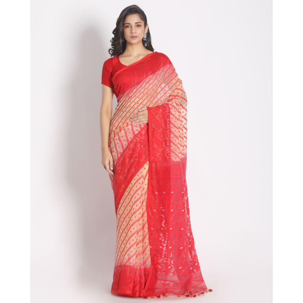Women's Beige Cotton Silk Jamdani Saree
