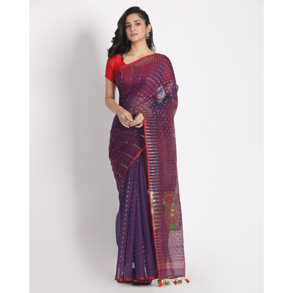 Women's Purple Cotton Silk Jamdani Saree