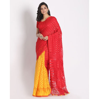 Women's Red Yellow Cotton Silk Jamdani Saree