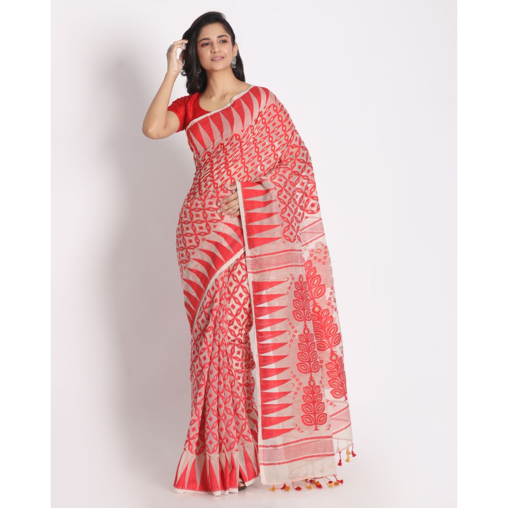 Women's Beige Red Cotton Silk Jamdani Saree