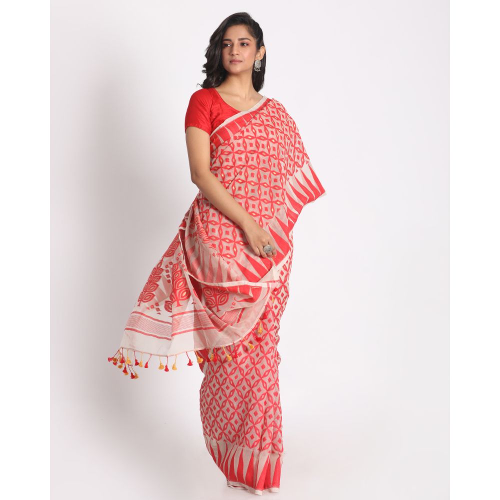 Women's Beige Red Cotton Silk Jamdani Saree