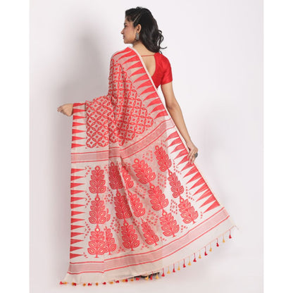 Women's Beige Red Cotton Silk Jamdani Saree