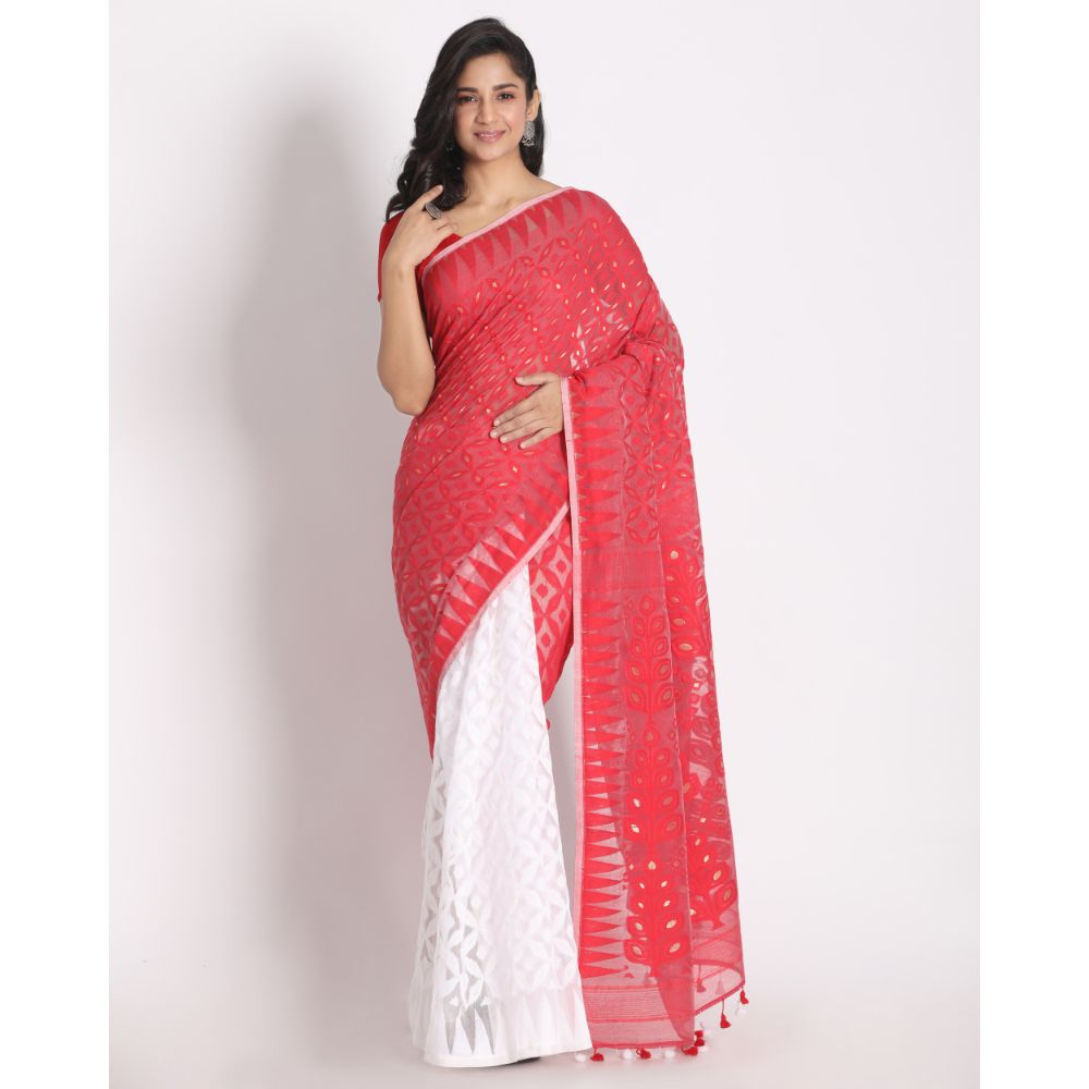 Women's Red White Cotton Silk Jamdani Saree