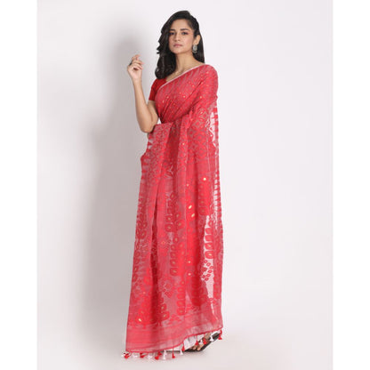 Women's Red White Cotton Silk Jamdani Saree