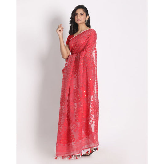 Women's Red White Cotton Silk Jamdani Saree