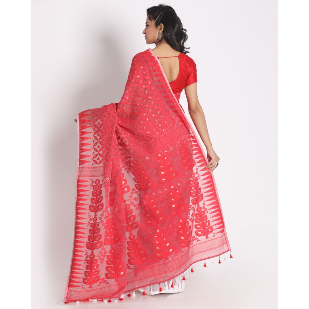 Women's Red White Cotton Silk Jamdani Saree