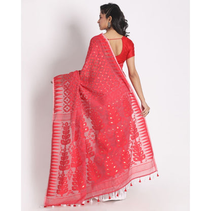 Women's Red White Cotton Silk Jamdani Saree