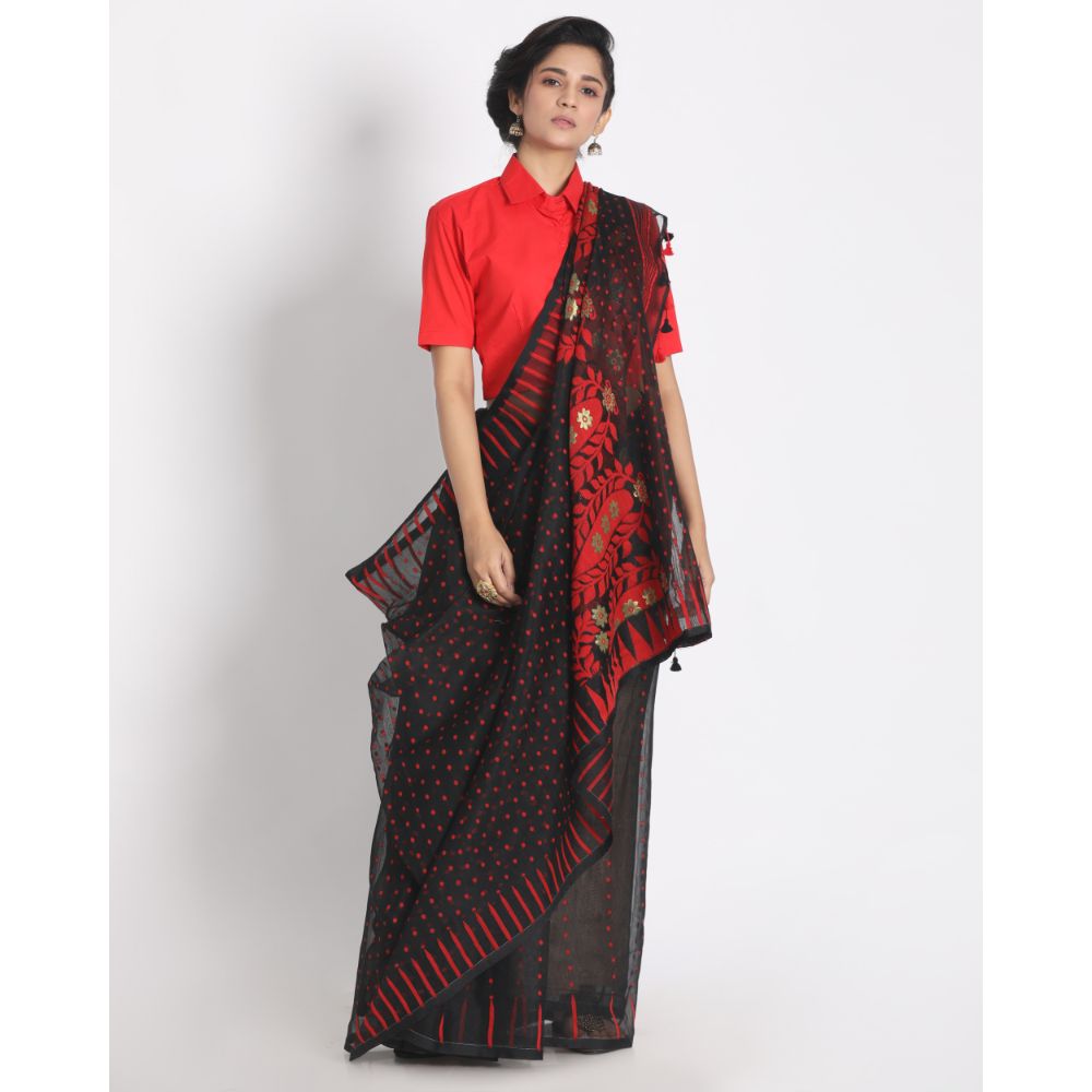 Women's Black Cotton Silk Jamdani Saree