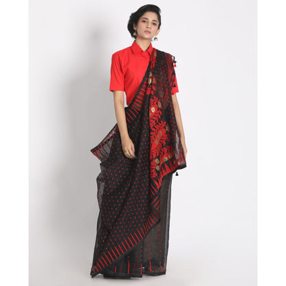 Women's Black Cotton Silk Jamdani Saree
