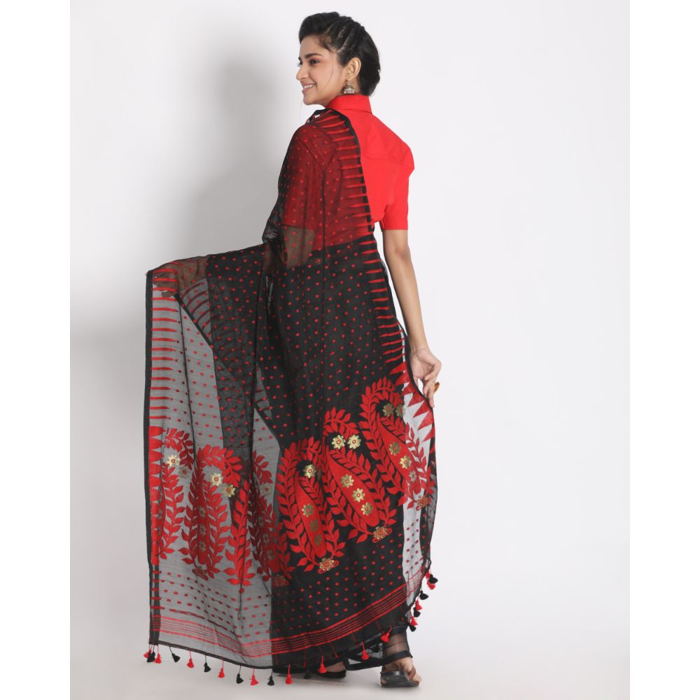 Women's Black Cotton Silk Jamdani Saree