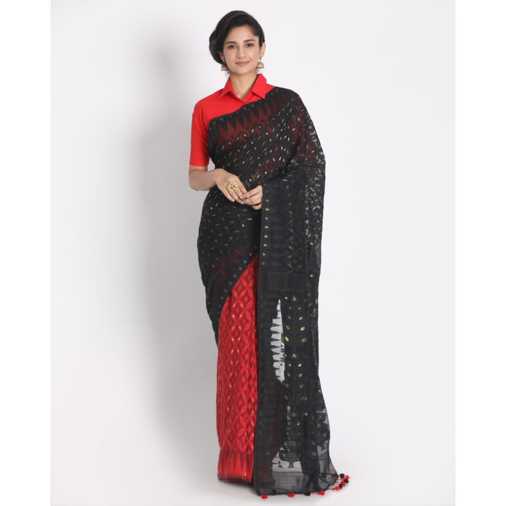 Women's Black Red Cotton Silk Jamdani Saree