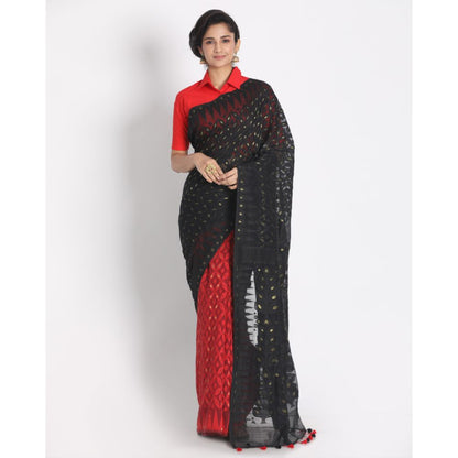 Women's Black Red Cotton Silk Jamdani Saree