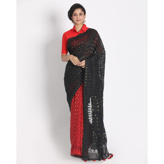 Women's Black Red Cotton Silk Jamdani Saree
