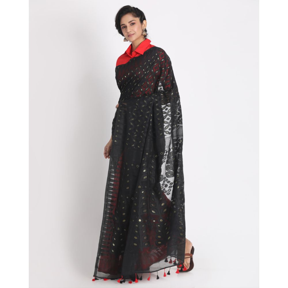Women's Black Red Cotton Silk Jamdani Saree