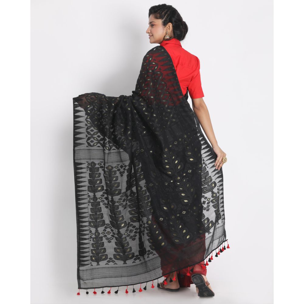 Women's Black Red Cotton Silk Jamdani Saree