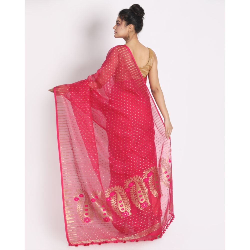 Women's Rani Pink Cotton Silk Jamdani Saree