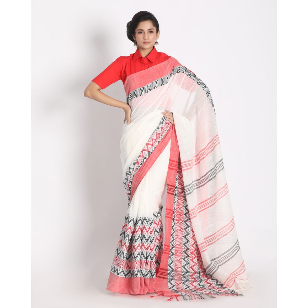 Women's Handspun Cotton White Handloom Begampuri Saree