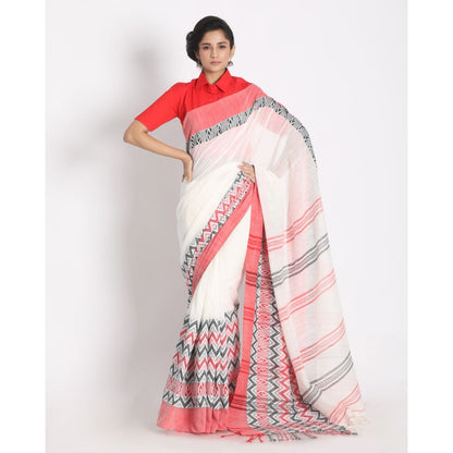Women's Handspun Cotton White Handloom Begampuri Saree