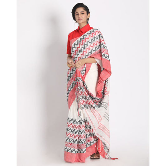 Women's Handspun Cotton White Handloom Begampuri Saree
