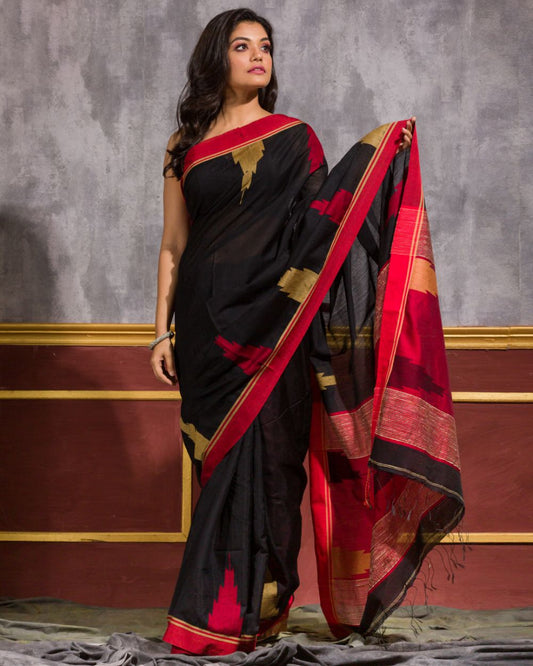 Women's Black Cotton Blend Handloom Saree
