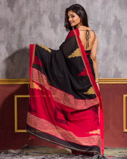 Women's Black Cotton Blend Handloom Saree