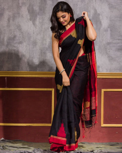 Women's Black Cotton Blend Handloom Saree