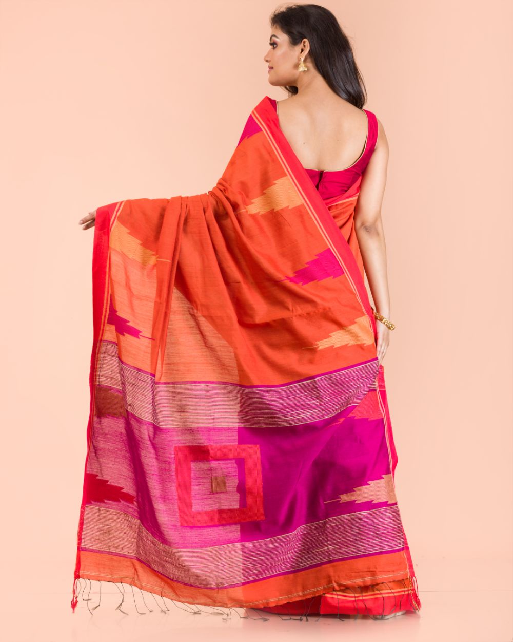 Women's Orange Cotton Blend Handloom Saree