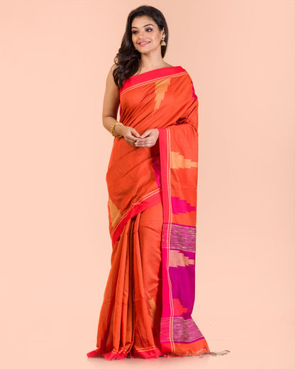 Women's Orange Cotton Blend Handloom Saree