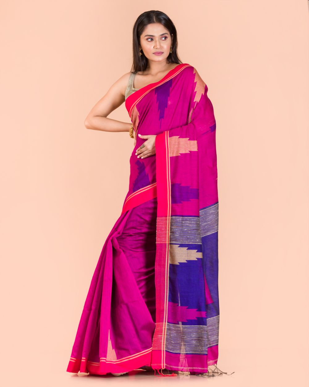 Women's Pink Cotton Blend Handloom Saree