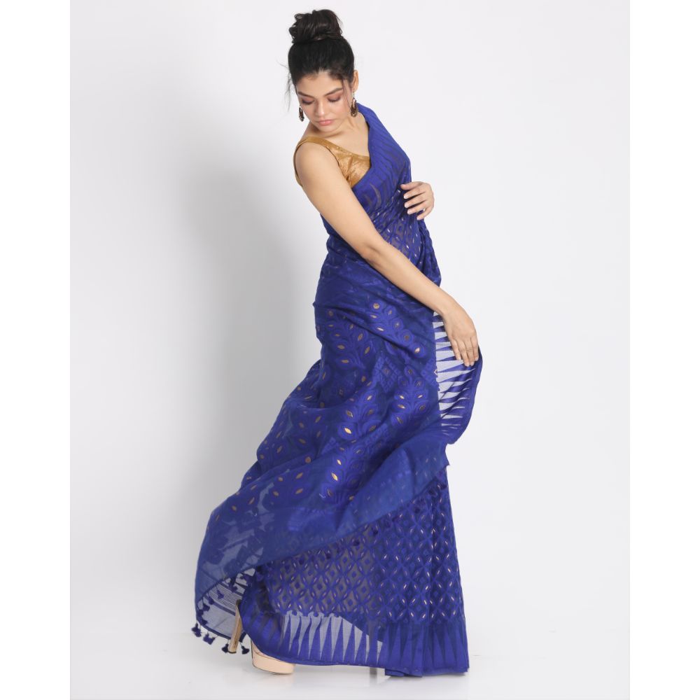 Women's Royel Blue Cotton Silk Jamdani Saree