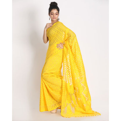 Women's Yellow Cotton Silk Jamdani Saree