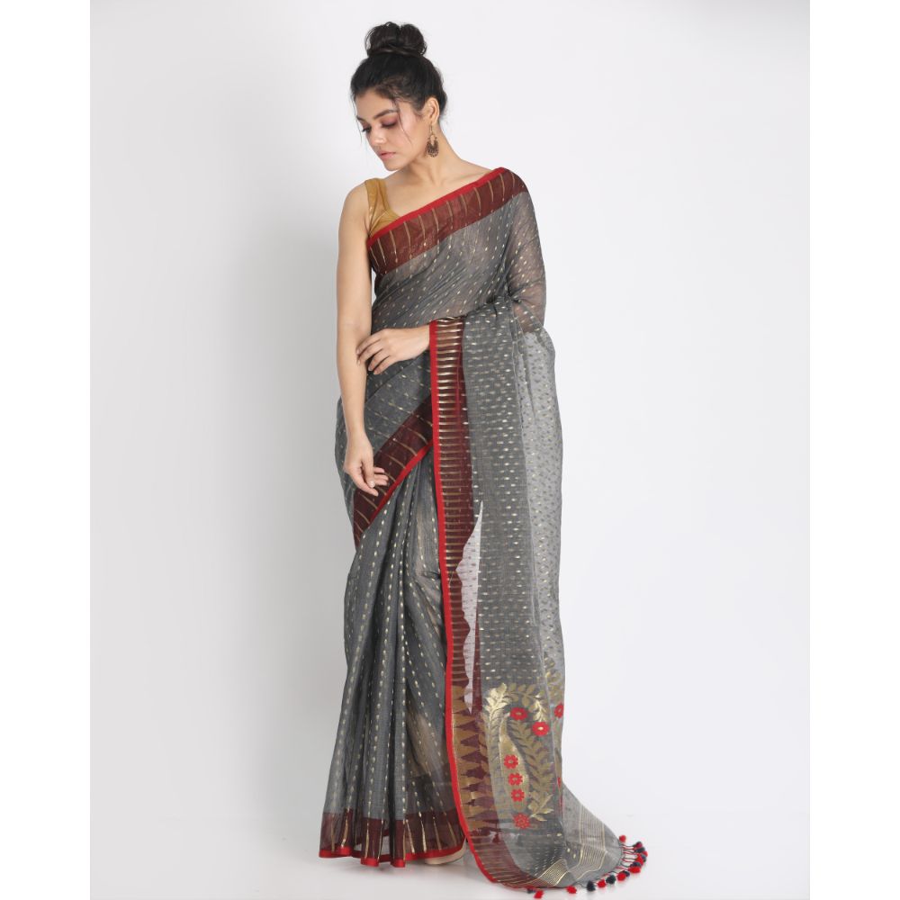 Women's Grey Cotton Silk Jamdani Saree