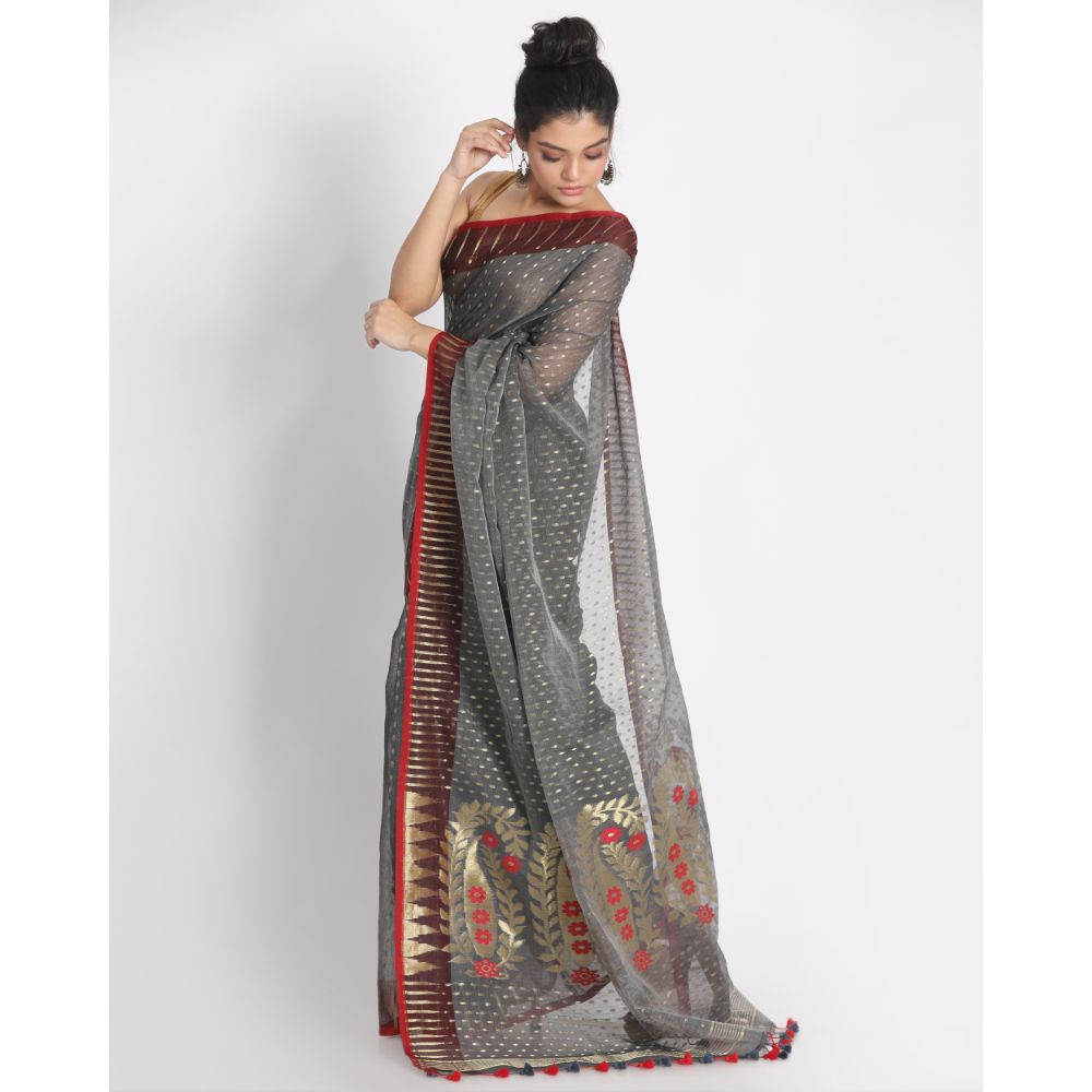 Women's Grey Cotton Silk Jamdani Saree