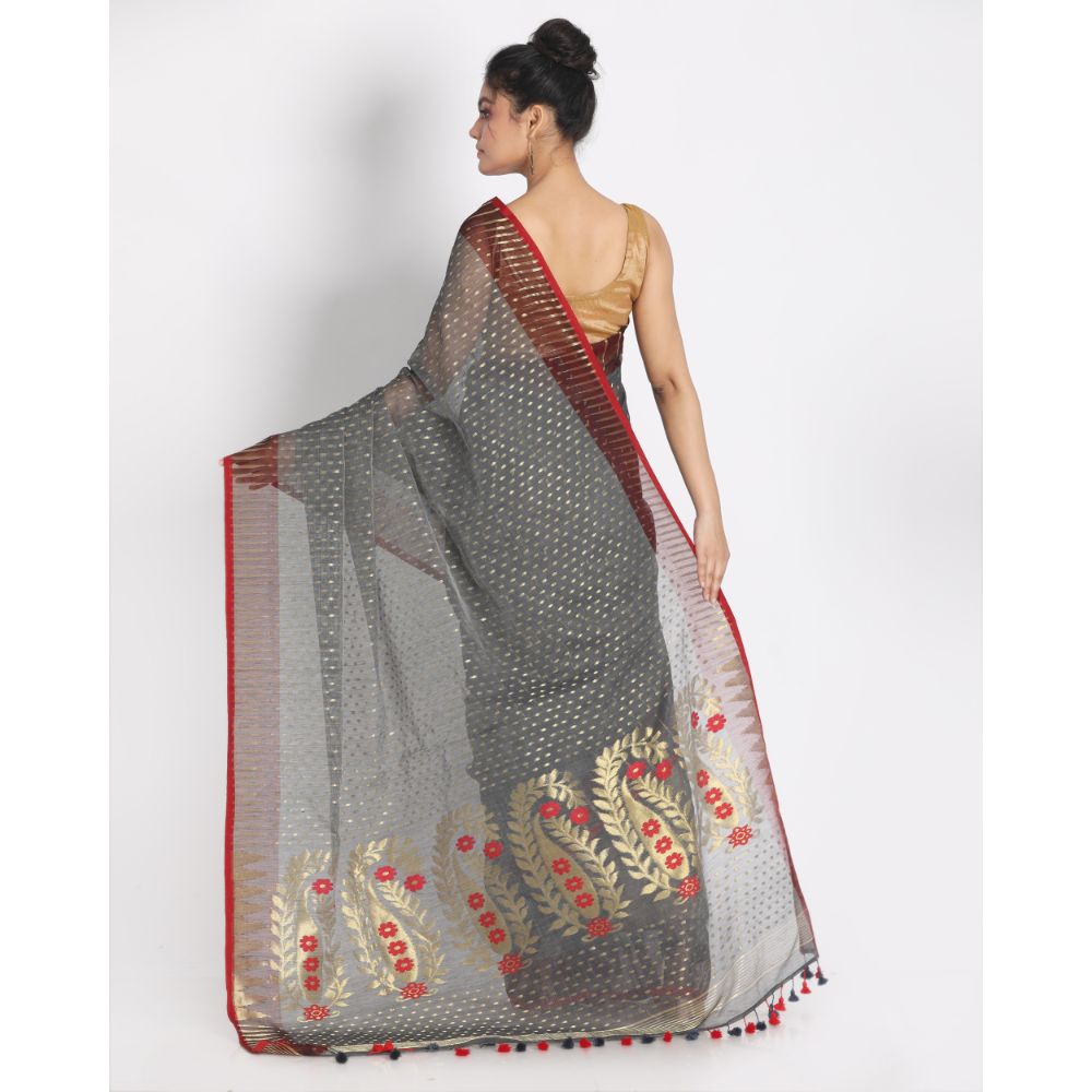 Women's Grey Cotton Silk Jamdani Saree