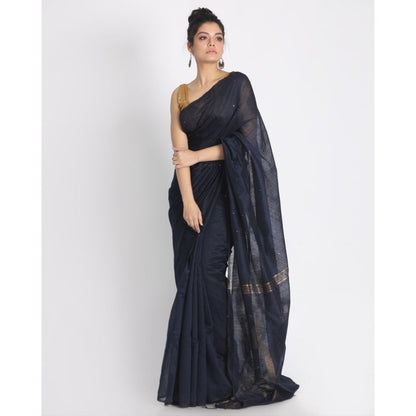 Women's Navy Blue Hand Woven Cotton Silk Jamdani Saree