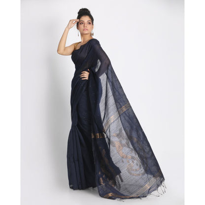 Women's Navy Blue Hand Woven Cotton Silk Jamdani Saree