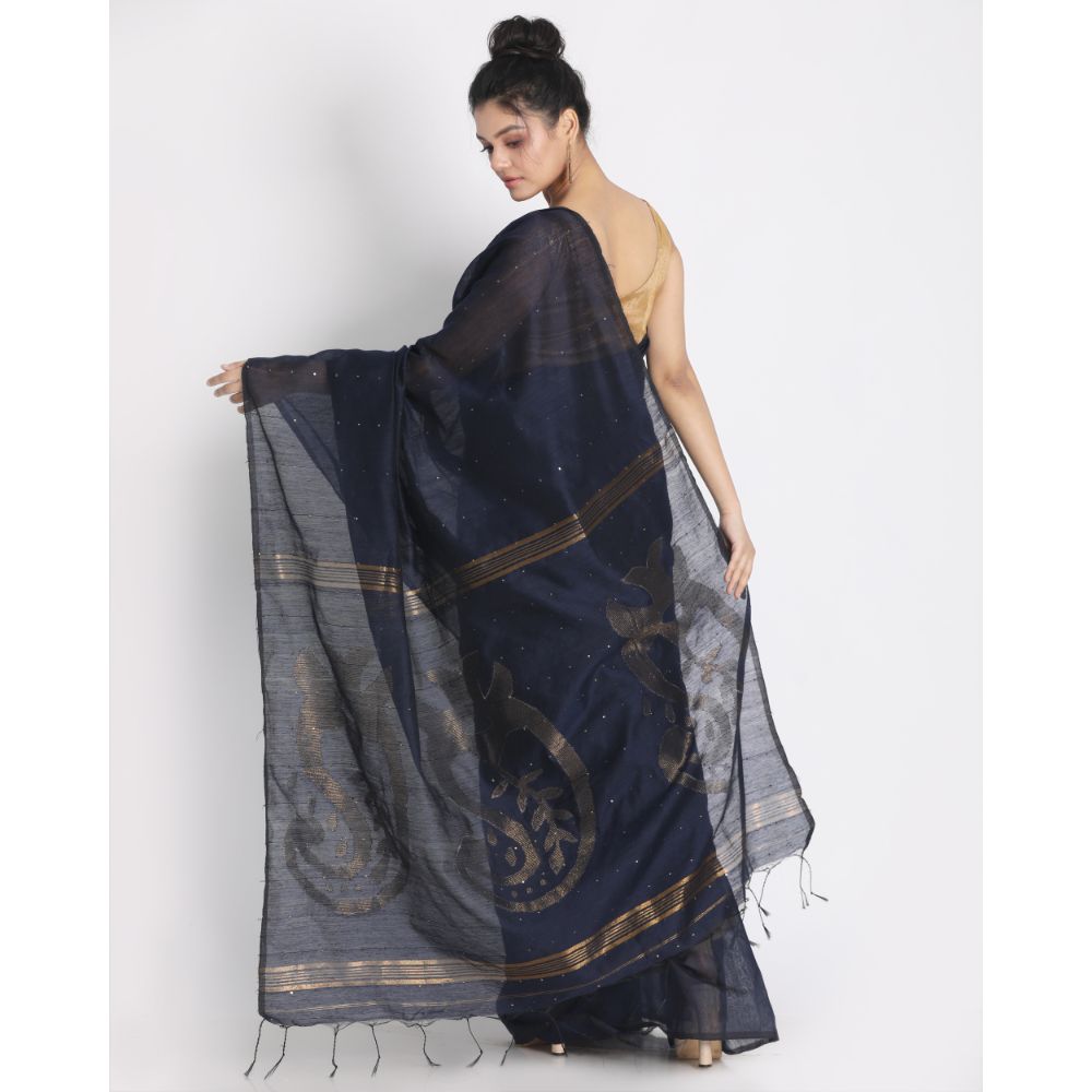 Women's Navy Blue Hand Woven Cotton Silk Jamdani Saree