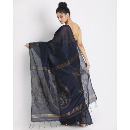 Women's Navy Blue Hand Woven Cotton Silk Jamdani Saree