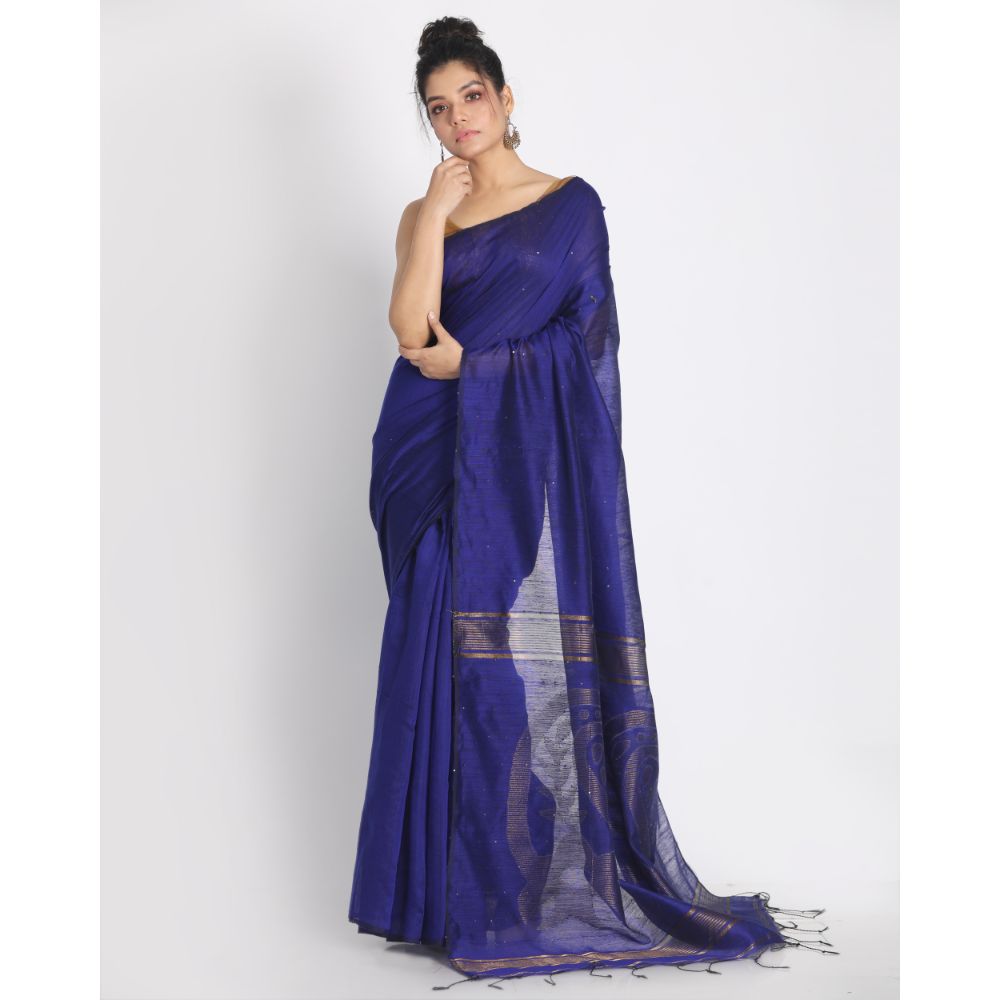 Women's Royel Blue Hand Woven Cotton Silk Jamdani Saree