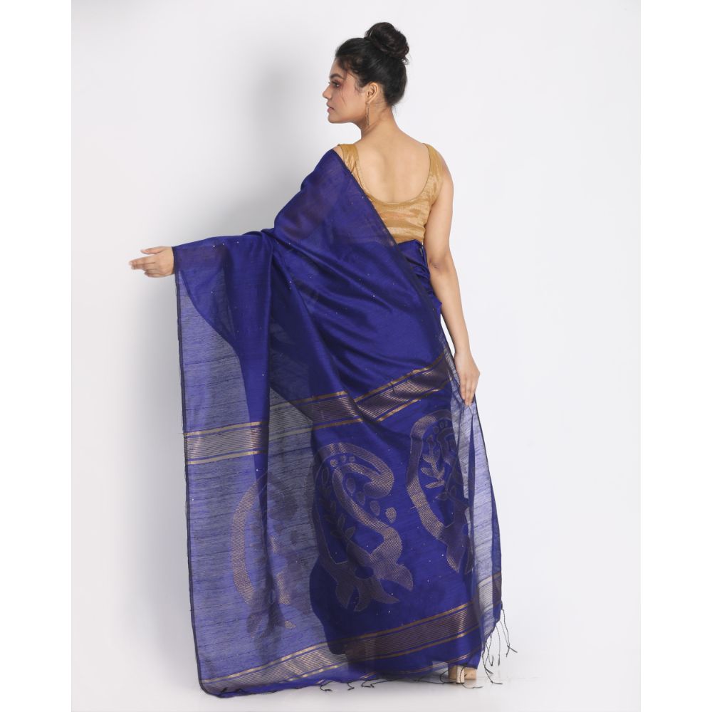 Women's Royel Blue Hand Woven Cotton Silk Jamdani Saree