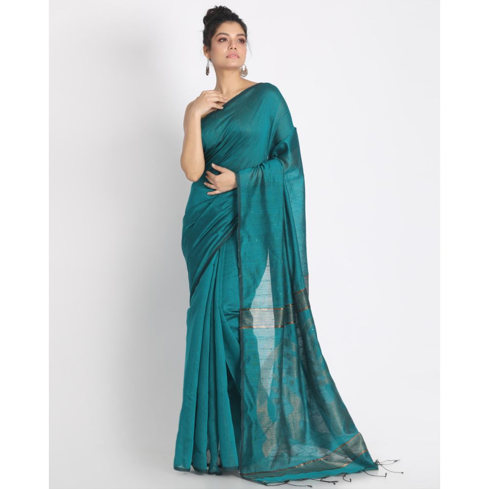 Women's Teal Hand Woven Cotton Silk Jamdani Saree